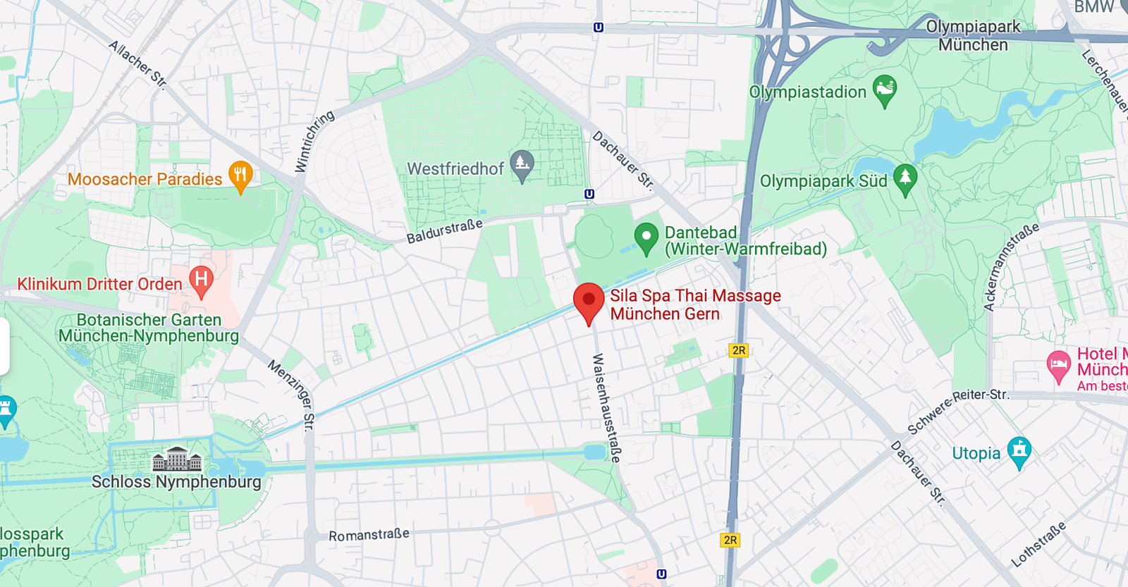 Karte von München Neuhausen und Umgebung mit einem Pin auf dem Standort von Sila Spa München. Neben Pin der Titeln "Sila Spa Thai Massage München Gern".