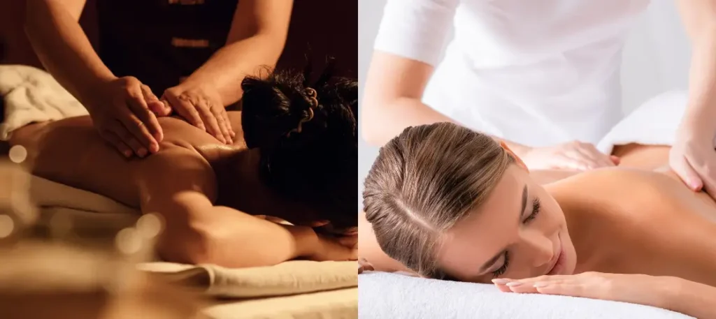 Links Thai Massage, rechts normale Massage