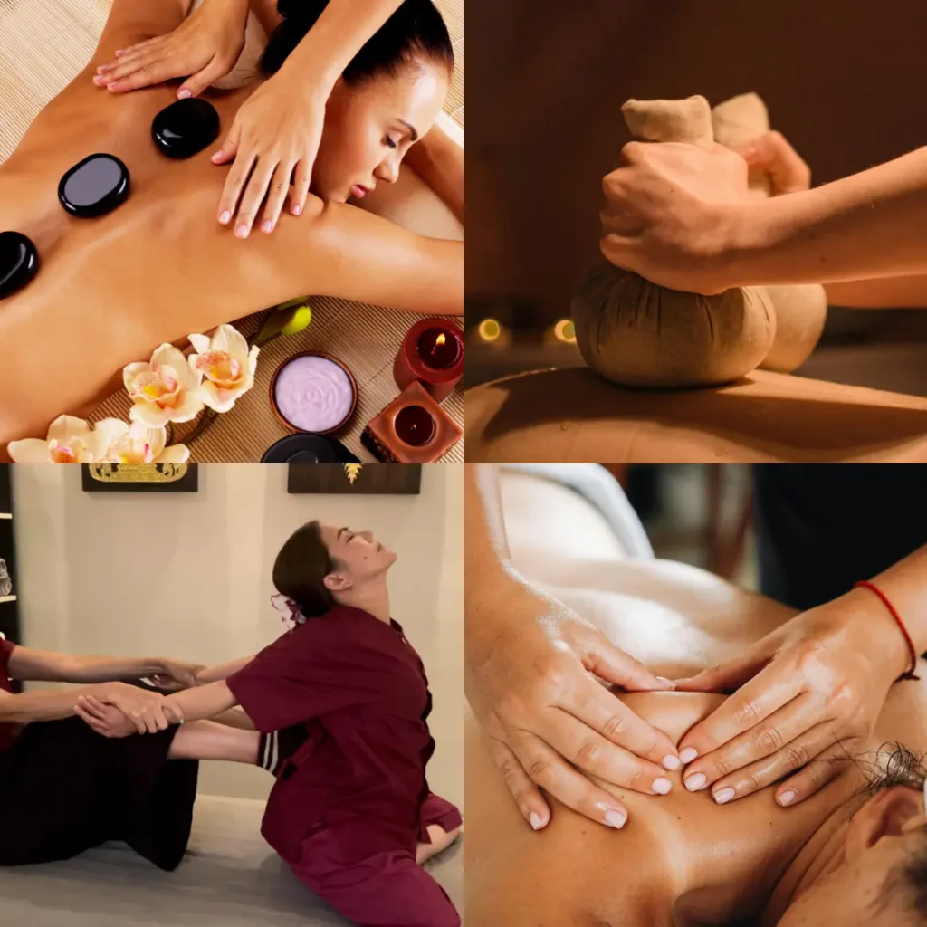 4 Vorschläge: Hot Stone Massage, Kräuterstempelmassage, traditionelle Thai Massage und Sportmassage